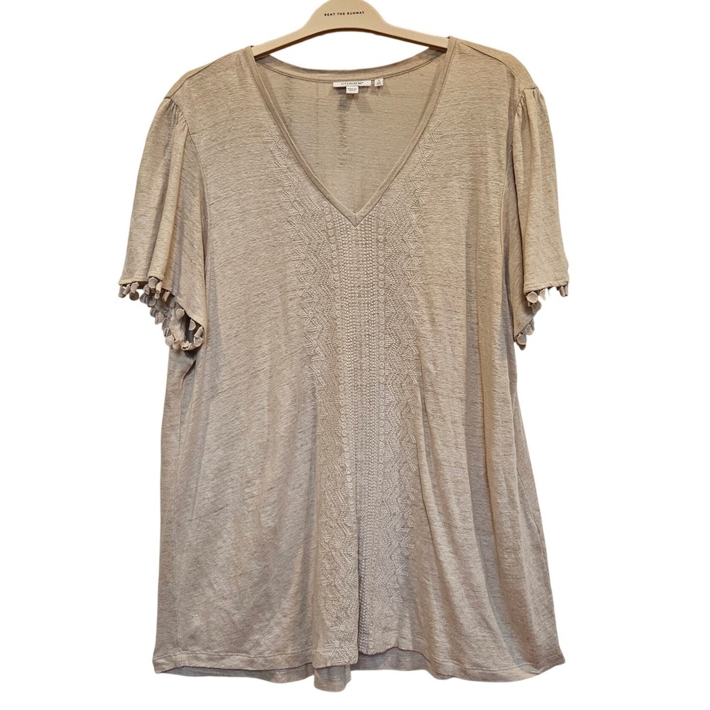 Chicos Women 4 XXL Linen Embroidered V-Neck Flutter Sleeve Pom Pom Top Beige